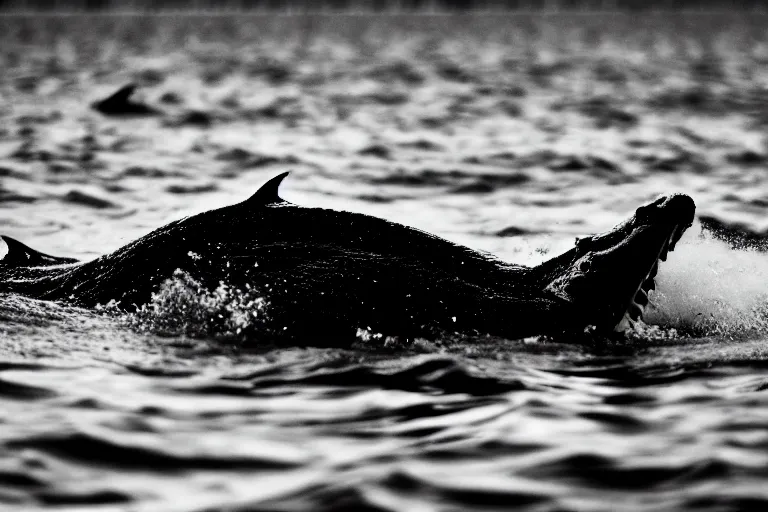 Prompt: a real life sea monster swimming in a lake, sight proof, black and white, blurry, old camera, grainy, motion blur, low focus, full body shot, wide angle