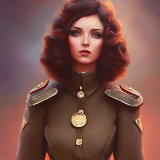 Image similar to gorgeous russian woman in police uniform by tom bagshaw, jeremiah ketner, soft lighting, solid background,