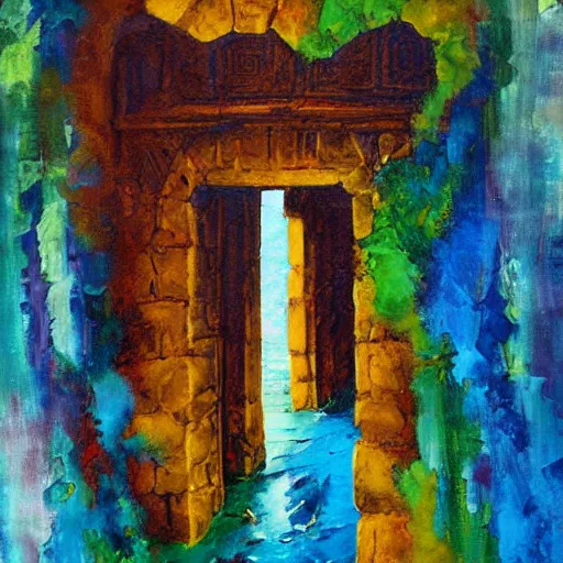 Image similar to colorful andreas rocha impasto!! acrylic painting of the gateway of a forgotten civilization