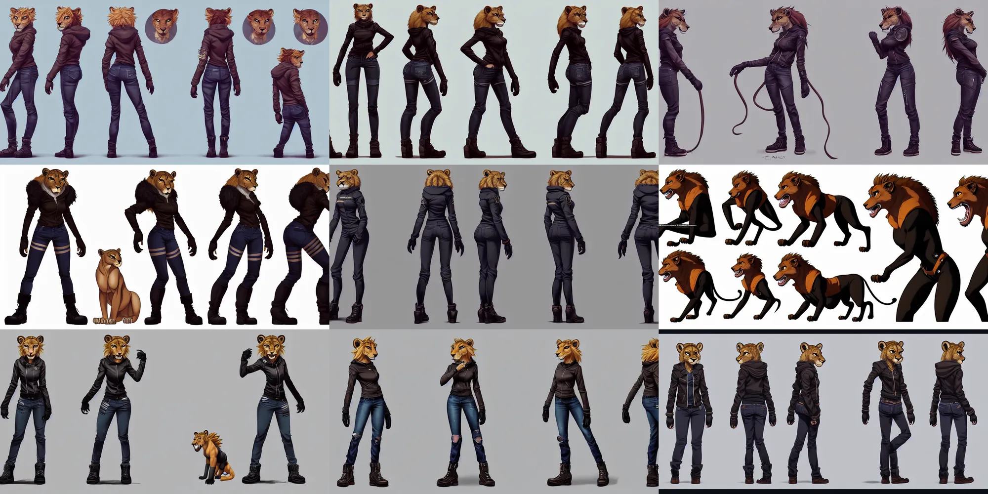 Prompt: beautiful full body portrait of a strong female anthropomorphic lioness fursona wearing biker clothes. character reference sheet with front, back and side profiles. character design by disney, anime, manga, charlie bowater, ross tran, artgerm, and makoto shinkai, detailed, soft lighting, rendered in octane