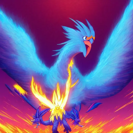 Prompt: the ultimate battle between articuno and zapdos and moltres, by dan mumford, yusuke murata, makoto shinkai, ross tran, cosmic, heavenly, god rays, intricate detail, cinematic, 8 k, cel shaded, unreal engine, featured on artstation, pixiv