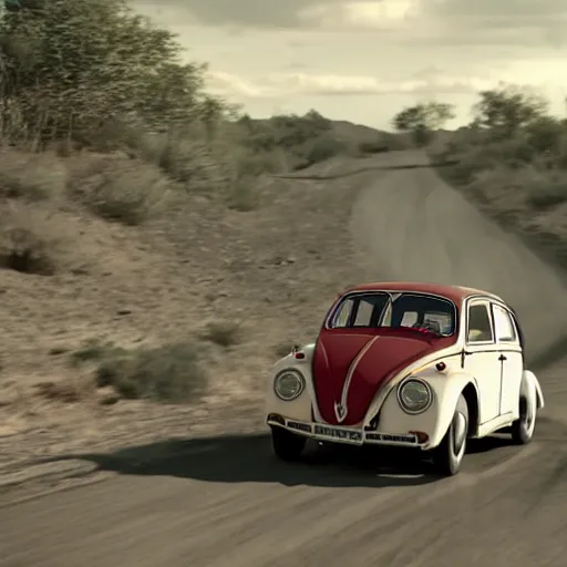 Image similar to promotion movie still of a ( volkswagen beatle ) racing down a dusty back road. cinematic, 4 k, imax, 7 0 mm