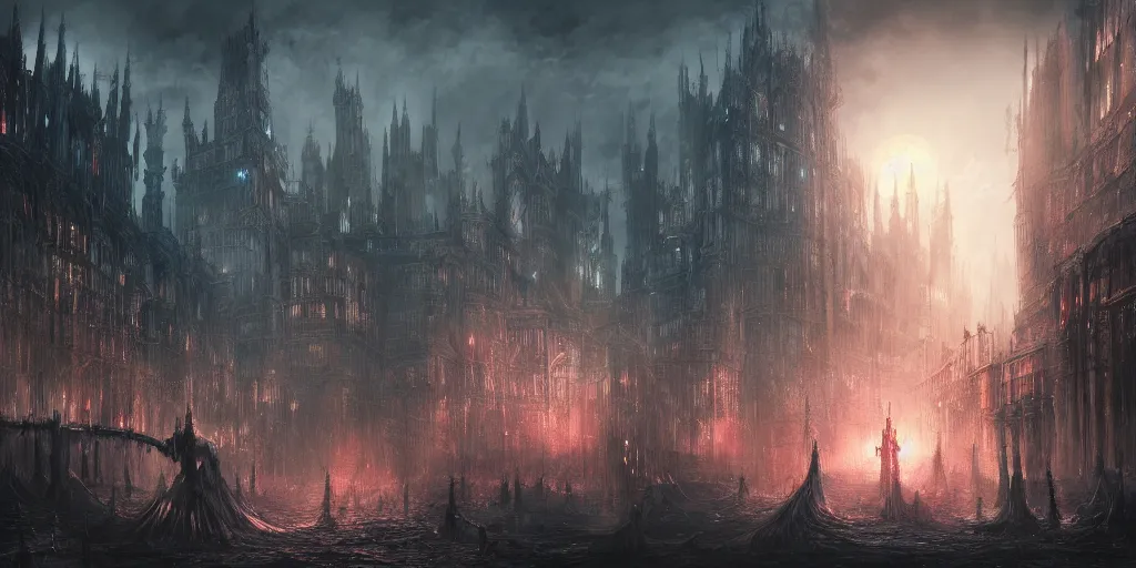 Prompt: a huge crowded megacity in the style of bloodborne, dark souls, demon souls, gothic art, dark fantasy, concept art, digital painting, volumetric lighting, trending on art station, night time, moon light, god rays, highly detailed