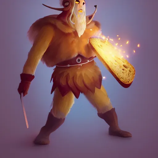 Image similar to portrait of viking toast, bread type pokemon, strong pixar wonder bread warrior, volumetric lighting, dynamic composition, art by sachin teng and sergey kolesov and ruan jia and heng z, scifi, fantasy, hyper detailed, ultra realistic, sharp focus, wildlife photography, national geographic, octane render, concept art