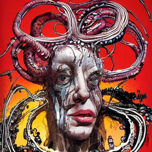 Image similar to graphic illustration, creative design, medusa, biopunk, by ralph steadman, francis bacon, hunter s thompson