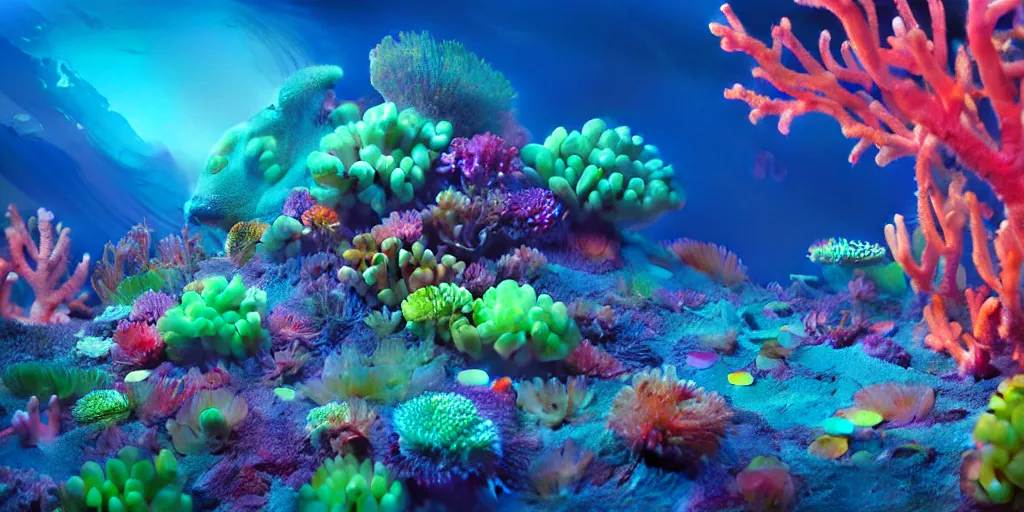 Prompt: majestic neon glowing coral reef, masterpiece painting by fabian jimenez and Jonathan solter, hyper realism, octane render