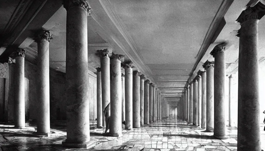 Image similar to 1 9 7 0 s andrei tarkovsky movie still of a pyramid building with columns, by piranesi, panoramic, ultra wide lens, cinematic light, anamorphic, marble