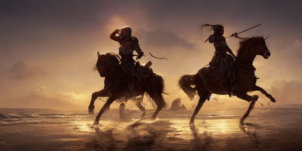 Image similar to a knight riding a horse running on a beach at sunset by greg rutkowski, hyperrealistic, concept art, octane render, unreal engine 5, trending on artstation, high quality, highly detailed, 8 k, dramatic lighting, path traced, anatomically correct, digital art, epic image, cinematic, high coherence, godrays, complementary colors, natural lighting