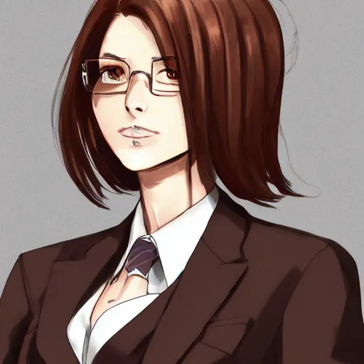 Image similar to woman in business suit, brown neat hair, pixiv, fanbox, trending on artstation, portrait, modern, sleek, highly detailed, formal, serious, determined, competent, colorized, smooth, charming, pretty, safe for work