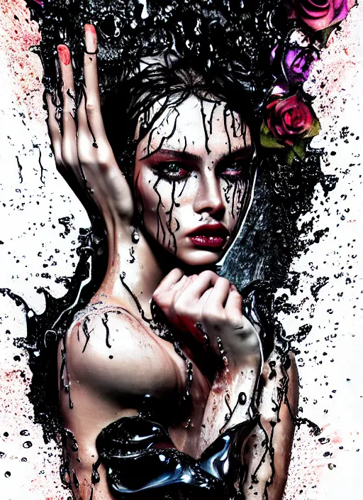 Prompt: fierce wet fashion model, splash, sweat skin, liquid metal dna helixes, effervescent, black roses, poster art, high detail, intricate photograph and watercolor, deep mood, hyperrealism, 3 d, in the style of irakli nadar,