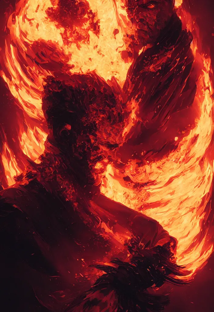 Prompt: a fancy portrait of a raging mage covered in flames by greg rutkowski, sung choi, mitchell mohrhauser, maciej kuciara, johnson ting, maxim verehin, peter konig, 8 k photorealistic, cinematic lighting, hd, high details,