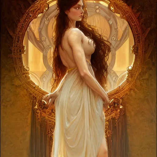 Prompt: a very tall woman, tall, feminine, muscular, powerful, modestly clothed, intricate, elegant, highly detailed, digital painting, artstation, smooth, symmetrical, sharp focus, illustration art by gaston bussiere and alphone mucha