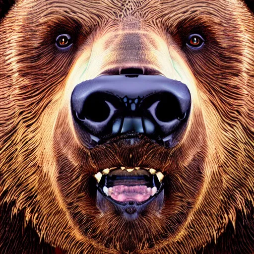 Image similar to portrait of a grizzly bear face, goofy expression, studio backdrop, hyper realistic, detailed digital painting, close up, low - key lighting, dramatic lighting, studio lighting, dark