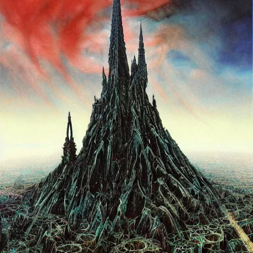 Prompt: realistic detailed image of Barad-dûr by Ayami Kojima, Amano, Karol Bak, Greg Hildebrandt, and Mark Brooks, Neo-Gothic, gothic, rich deep colors. Beksinski painting, part by Adrian Ghenie and Gerhard Richter. art by Takato Yamamoto. masterpiece