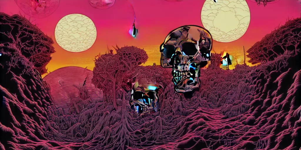 Image similar to Death's dreamscape by Dan Mumford, skull by Josan Gonzalez, sunset by Laurie Greasley, death skull, sunset