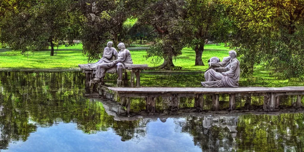 Image similar to mathematician and a philosopher sitting on a bench in front of a pond, intricate detailed reflection, HDR,