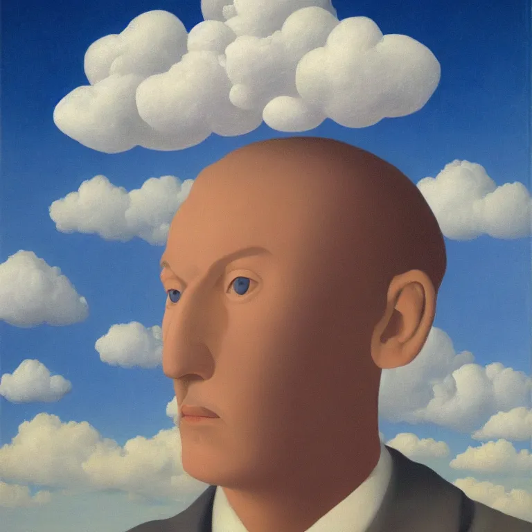 Image similar to portrait of a cloud man by rene magritte, detailed painting, hd, hq, high resolution, high detail, 4 k, 8 k