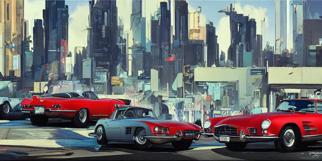 Image similar to art style by Ben Aronson and Edward Hopper and Syd Mead, wide shot view of the Cyberpunk 2077, on ground level. full view of the hybrid design between Aston Martin DB4 1958, Corvette C2 1969, and Mercedes-Benz 300sl 1955 with wide body kit modification and dark pearlescent holographic paint.