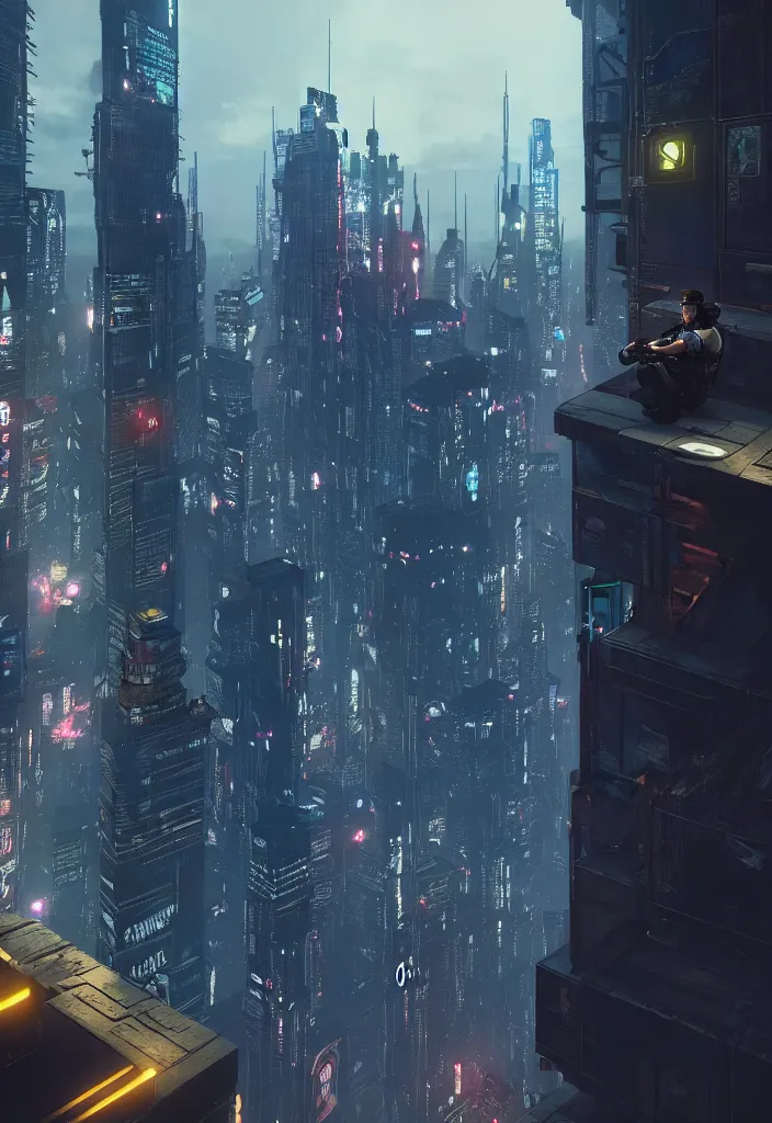 Image similar to a lone police officer overlooking a ledge towards the city below in cyberpunk new york city | highly detailed | very intricate | cinematic lighting | by asher brown durand and eddie mendoza | featured on artstation