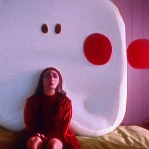 Image similar to still from a 1994 arthouse film about a depressed woman dressed as an inflatable smiley who meets a handsome younger man in a seedy motel room, color film, 16mm soft light, weird art on the wall