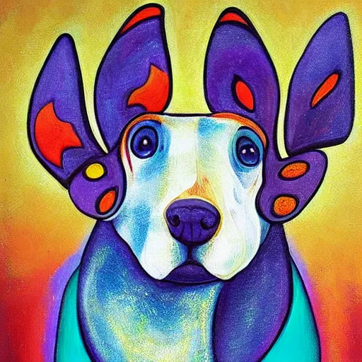 Prompt: the abstract painting of an image of dog figure with butterfly look alike ears, artistic flat illustration by Bryen Frost. surrealism