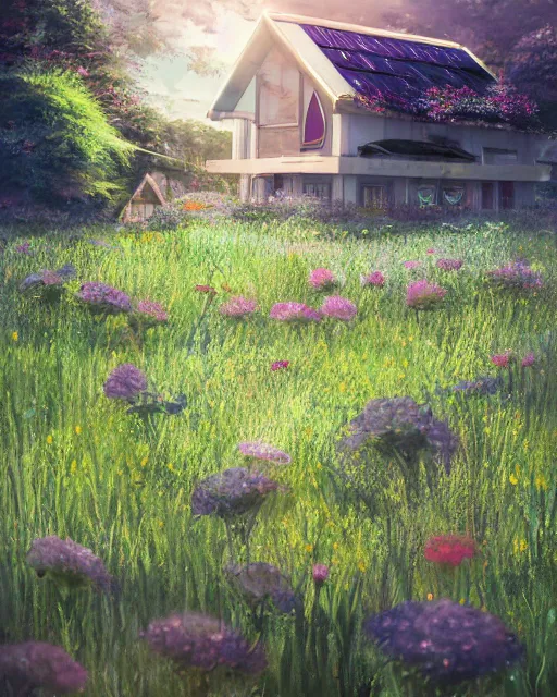 Prompt: detailed photo of small solarpunk house, fields of flowers, grassy, futuristic!!!!!, 8 k, by studio ghibli, alena aenami, trending on deviantart, hyper detailed, beautiful lighting, epic environment