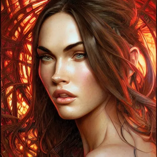 Image similar to portrait of Megan Fox, fantasy, intricate, elegant, highly detailed, digital painting, artstation, concept art, smooth, sharp focus, illustration, art by artgerm and greg rutkowski and alphonse mucha