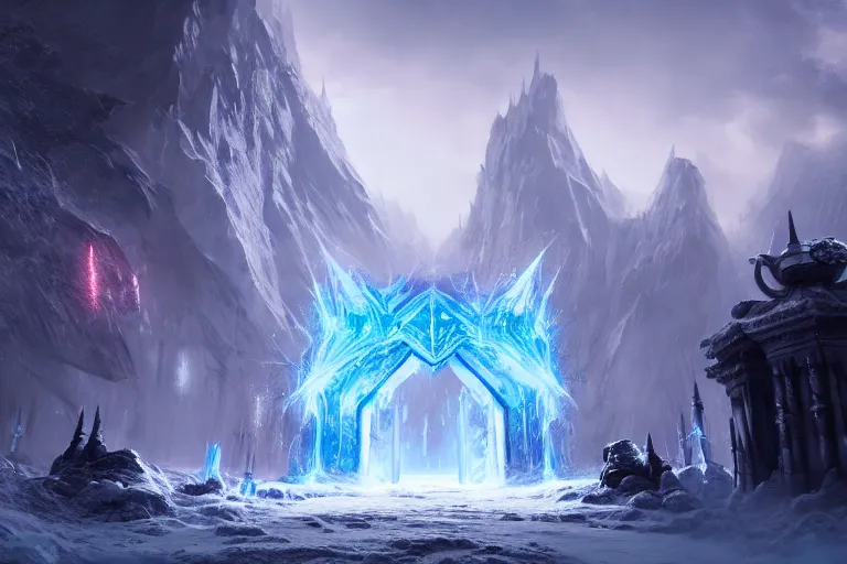 Prompt: a very detailed concept art of epic gates to frost, trending on artstation, central composition, digital art, 4 k, hyper realistic, octane render, sharp focus