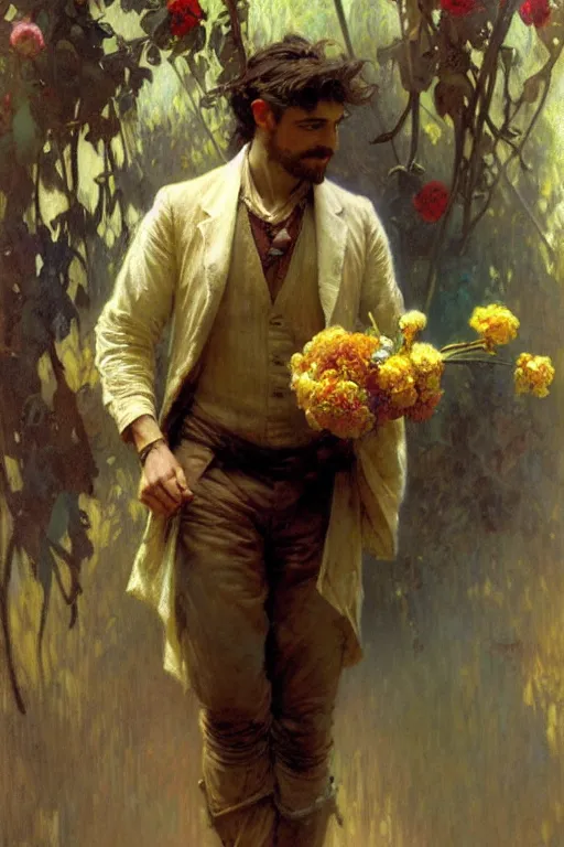 Image similar to attractive man holding flowers, painting by gaston bussiere, craig mullins, greg rutkowski, alphonse mucha