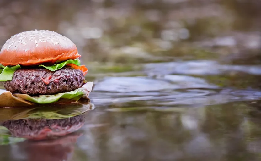 Prompt: a hamburger in a swamp, product photography