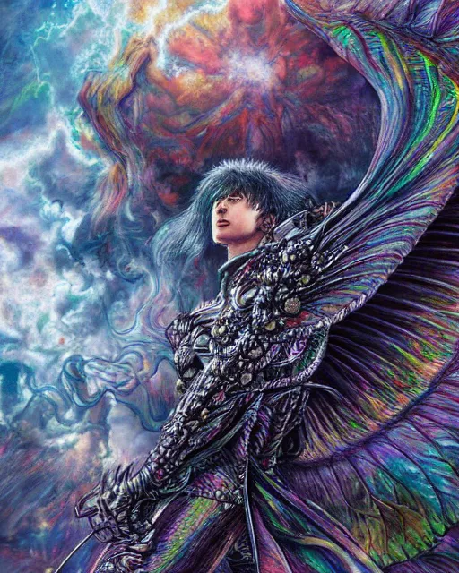 Prompt: realistic detailed image of ultra wrathful rainbow diamond iridescent mega griffith from berserk, depth perception, depth of field, action horror by ayami kojima, neo - gothic, gothic, part by adrian ghenie and gerhard richter. art by kentaro miura. masterpiece