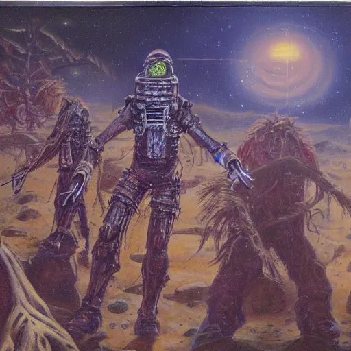 Image similar to the dirdir by jack vance, mike mignogna, highly detailed, vintage dark sci fi, oil painting