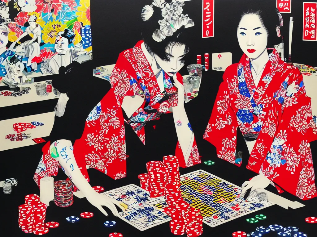 Prompt: hyperrealism composition of the detailed single woman in a japanese kimono sitting at an extremely detailed poker table with stormtrooper, fireworks, river on the background, pop - art style, jacky tsai style, andy warhol style, acrylic on canvas