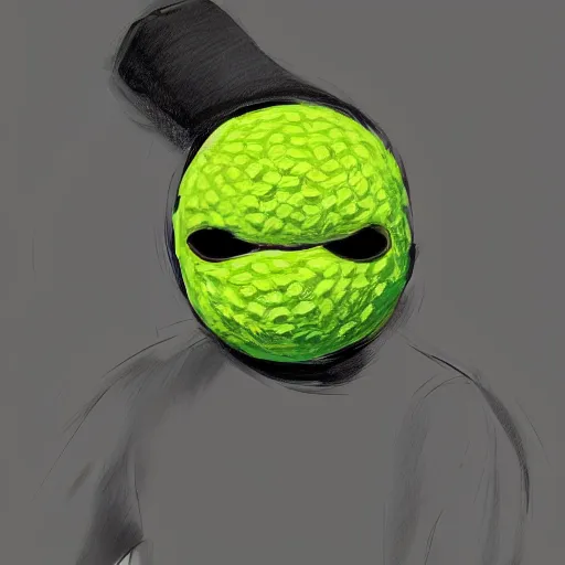 Image similar to a tennis ball monster with a tennis racquet, bust shot, balaclava, face covered, smooth, intricate, elegant, power aura, digital painting, artstation, concept art, sharp focus, illustration, art by basil gogos - h 6 4 0