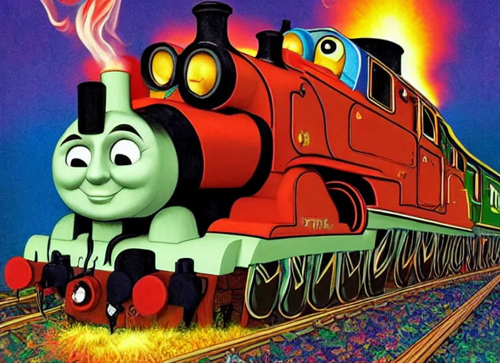 Image similar to psychedelic art of thomas the tank engine meeting god, in the style of michael whelan and james gurney and wayne barlowe