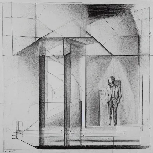 Image similar to an architectural drawing of the portrait of an exhausted architect