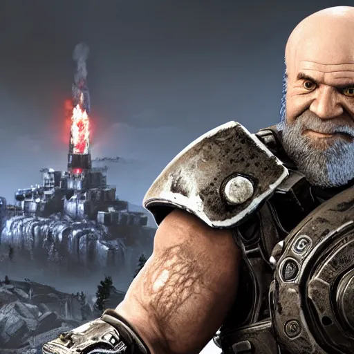 Image similar to Bob Ross in Gears of War, gloomy unreal engine 5 render