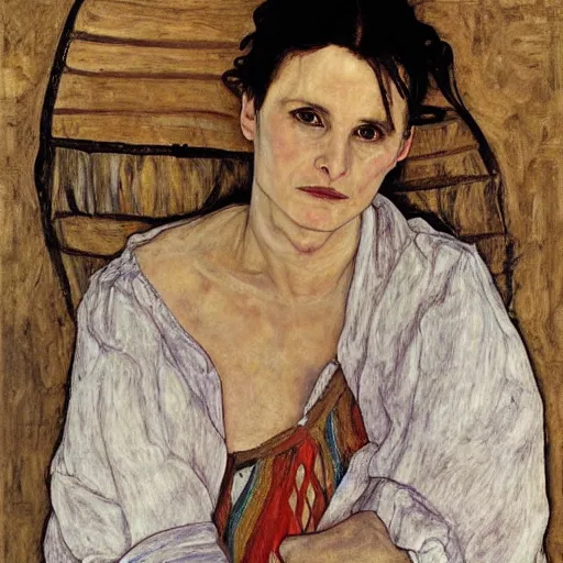 Image similar to Juliette Binoche in a bahay kubo, portrait, oil on canvas, by Egon Schiele