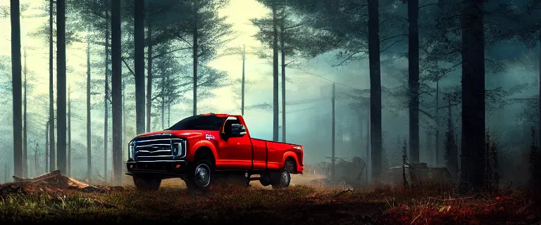 Image similar to red Ford F-250 super duty pickup truck (2018), an epic fantasy, dramatic lighting, cinematic, establishing shot, extremely high detail, photorealistic, cinematic lighting, artstation, by simon stalenhag, driving on a forest trail