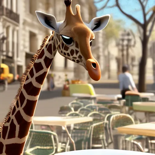 Image similar to a giraffe with big eyes looking for a cup of coffee in beautiful morning café in Paris. Pixar Disney 4K 3d render funny animation movie Oscar winning trending on ArtStation and Behance. Ratatouille style.