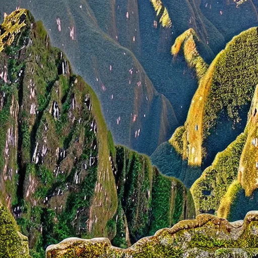 Image similar to machu picchu art, fir trees, intricate details, epic scale, insanely complex, 8 k, sharp focus, hyperrealism, very realistic, by greg rutowski