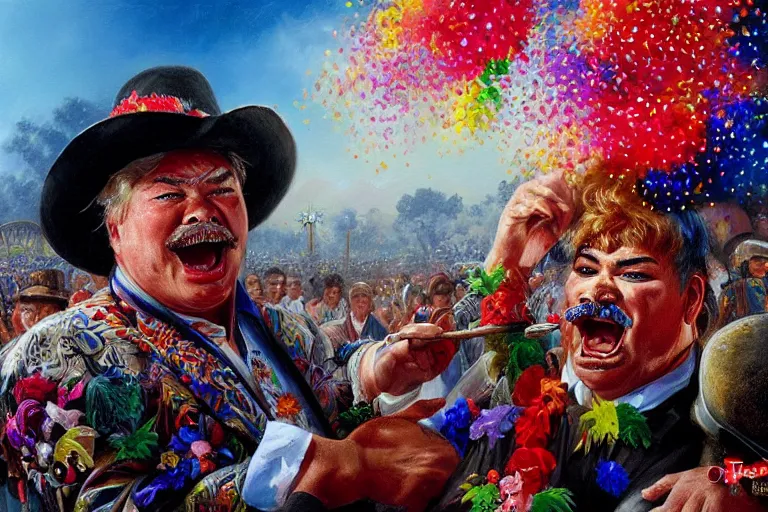 Image similar to portrait of rip taylor throwing confetti during a mexican funeral parade, an oil painting by ross tran and thomas kincade