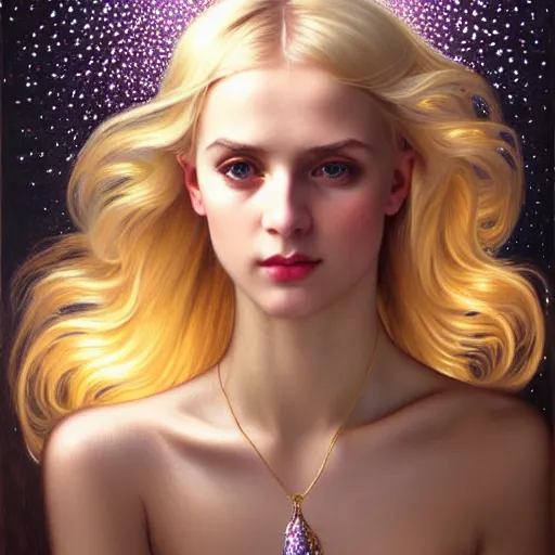 Prompt: portrait of a blonde girl surrounded by shimmering reflective gems, face, fantasy, intricate, elegant, dramatic lighting, highly detailed, lifelike, photorealistic, digital painting, artstation, concept art, smooth, sharp focus, illustration, art by John Collier and Krenz Cushart and Artem Demura and Alphonse Mucha and and Albert Aublet