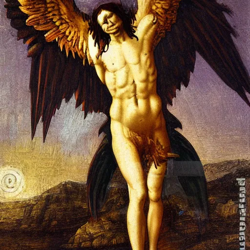 Image similar to oil painting of lucifer the fallen angel falling from heaven, leonardo da vinci style,