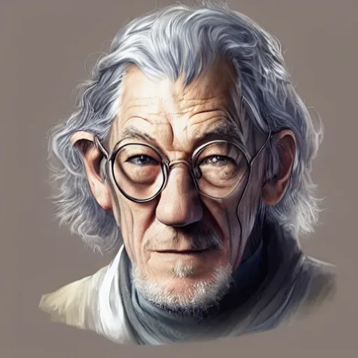 Prompt: Ian McKellen as an old alchemist with a goatee and eyeglasses, fantasy concept art by J.Dickenson