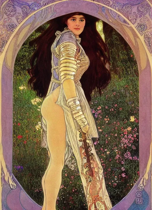 Prompt: claudia schaeffer as a fantasy female knight figurine in a light armor, soft transitions, mixed media, in the art style of alphonse mucha and claude monet and gustav klimt