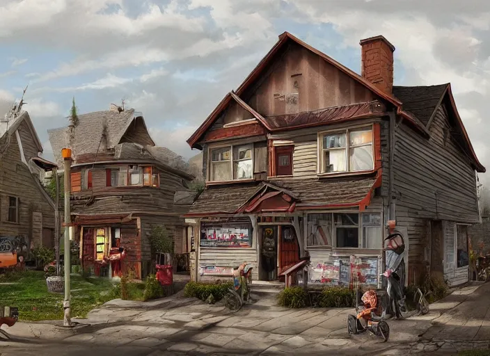 Prompt: ☕🍧🏡👴🏼, lowbrow, matte painting, 3 - d, highly detailed, in the style of mark ryder,