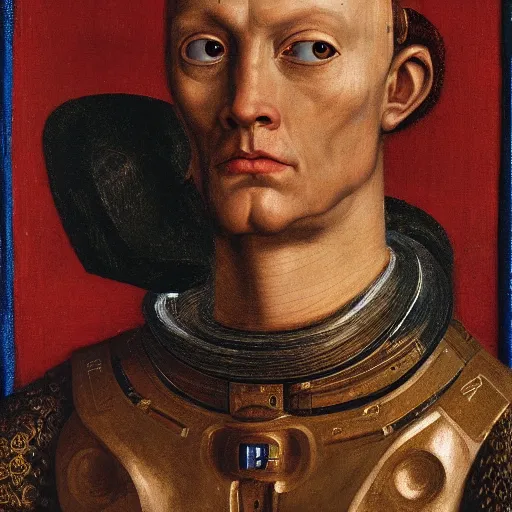 Prompt: a portrait of cyborg king connected to a man-machine interface by Jan van Eyck, renaissance style