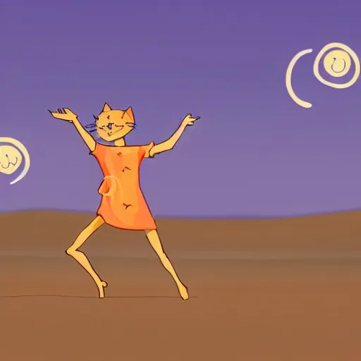 Image similar to a humanized happy cat dancing on sands ,