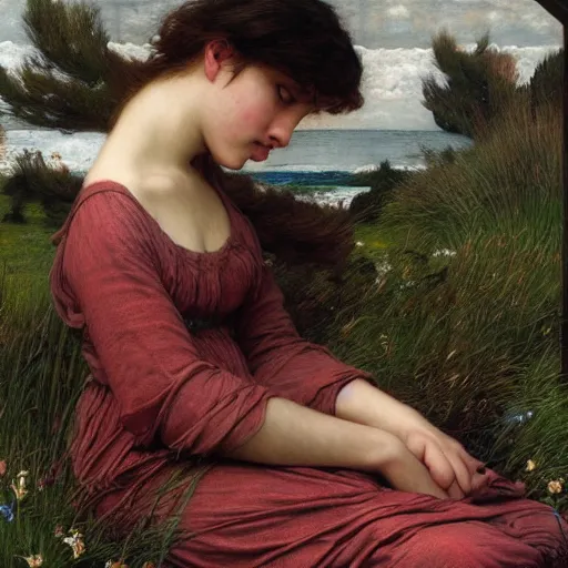 Prompt: wind kissed pictures, ashes, lament,, photorealism, hyper - realism, 4 k, high resolution, hyper detailed, by waterhouse, by godward,